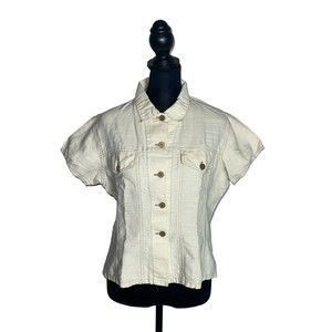 JouJou Women’s Ramie Blend Wood Buttons Cream Beige Short Sleeve Shirt Jacket M